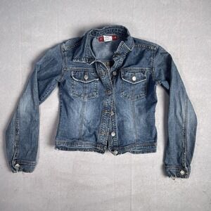 YMI Jeans Cropped Denim Jean Jacket Womens M Medium Blue Button Up Pockets Long